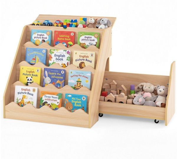 COSTWAY Kinderregal, 4 stufiges Kinderregal, mit mobiler Aufbewahrungswagen