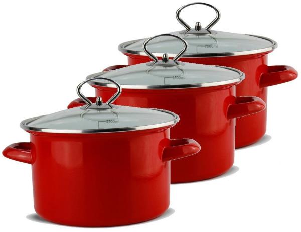 Schäfer Elektronik Topf-Set 3tlg. Töpfe ⌀ 20, 24 und 28 cm Metallic-Rot, Emaille, robuste Stahllegierung (Kapazität: 2,5, 4,5 und 7 Liter), Deckel aus Sicherheitsglas