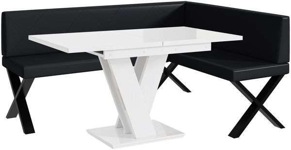 MEBLINI Eckbank für Esszimmer mit ausziehbarem Tisch - Küchenbank - Essecke - Sitzecke Küche - ERIC - X-Beine 128x168x87cm Rechts - Schwarz Kunstleder/M Weiß Hochgl.