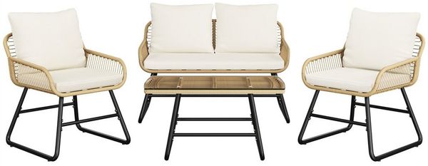Yaheetech Gartenlounge-Set 4 tlg, 2 Sessel, 1 Zweisitzer-Sofa & 1 Glastisch Wetterfest für Außenbereiche