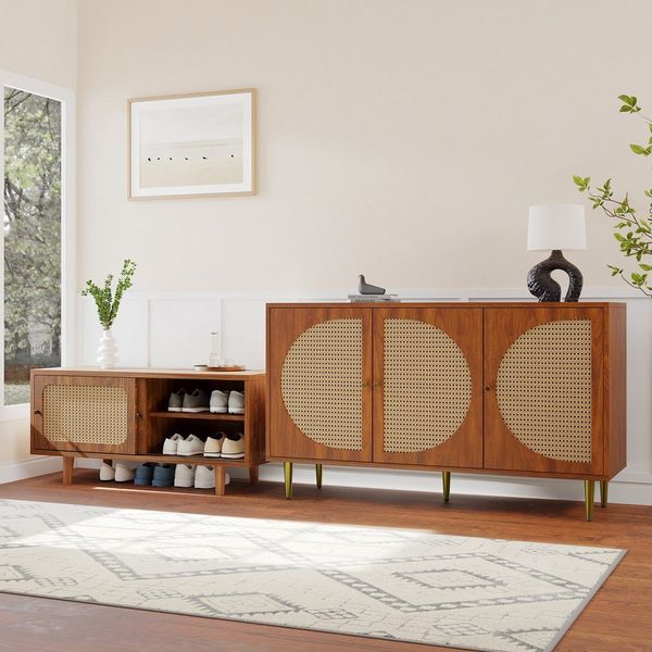 Yorbay Wohnzimmer-Set Sideboard + Schuhschrank Kombination aus Rattan, Walnussfarben