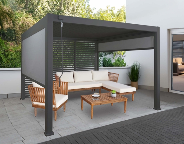Alu Pergola HWC-N94 mit 2x Seitenwand 1x Lamellenwand, Pavillon stabiles 10cm-Metall-Gestell 3x3m ~ anthrazit
