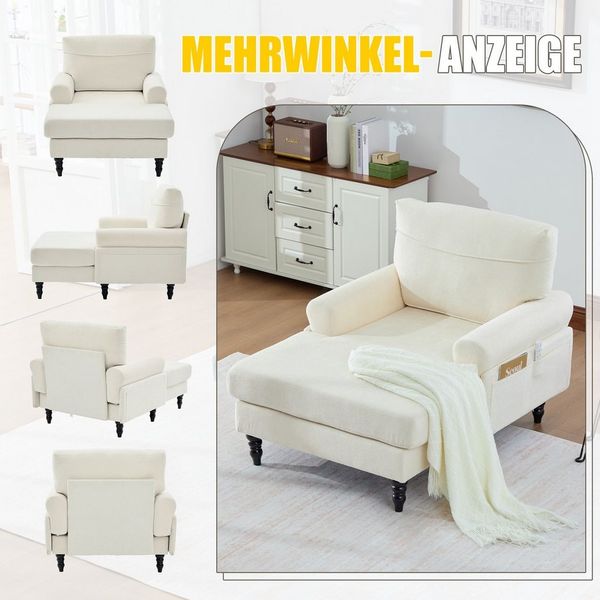 MODFU Sofa Relaxsessel aus Chenille mit natürlichem Holzfuß, tiefer Sitzfläche, Polsterstuhl mit Armlehnen und Aufbewahrungstasche, Freizeitstuhl Loungesessel