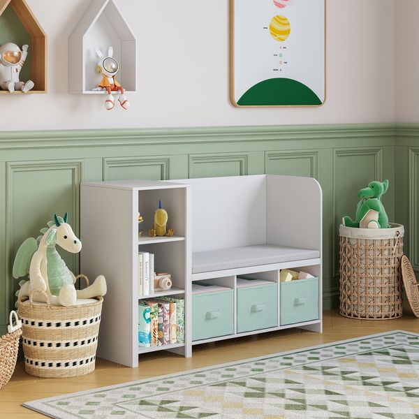 Kinderregal mit Sitzbank Høylandet 76x112x40 cm Weiß/Mintgrün [en. casa]
