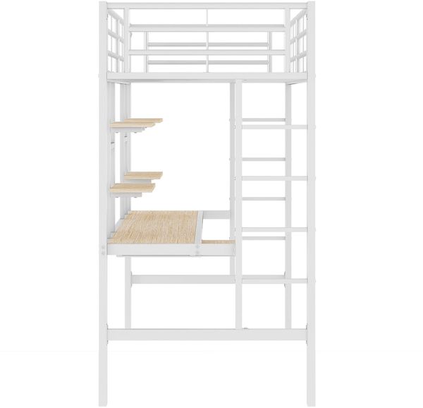 Hochbett 90x200 cm mit Schreibtisch & Regalen, 204x95x180 cm, Metall/MDF, Weiß Bild 8