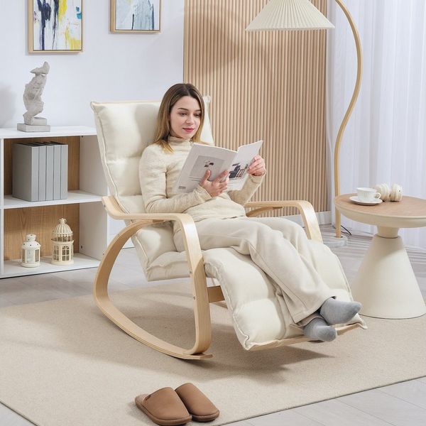 HOMCOM Schaukelstuhl Schaukelsessel mit Rückenlehne, Fußstütze, Leinenoptik (Schwingsessel, 1 St), Lesesessel für Wohnzimmer, Schlafzimmer, Balkon Creme