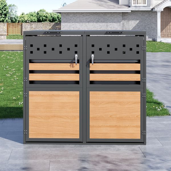 Mülltonnenbox 2-fach grau-Holzoptik 132×80×120 cm aus verzinktem Stahl mit hydraulischem Klappdeckel