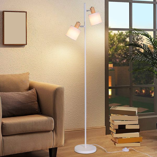ZMH Stehleuchte Wohnzimmer Stehlampe Vintage - 145cm 2 Flammig E14 Standlampe Weiß Stoffschirm mit Fußschalter Retro Industrial Stoff Drehbar für Schlafzimmer Arbeitszimmer (ohne Leuchtmittel)