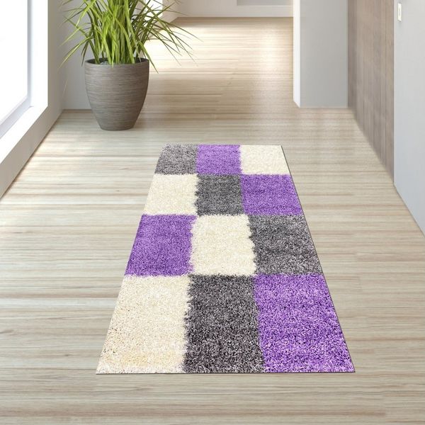 TeppichHome24 Teppich Shaggy Teppich Gemustert in Karo Design Flieder Grau Creme, rechteckig