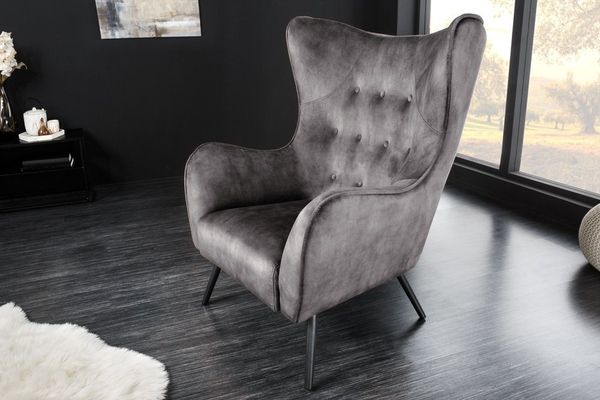 riess-ambiente Ohrensessel AMSTERDAM grau / schwarz (Einzelartikel, 1-St), Wohnzimmer · Samt · Metall · XL · Relax · Schlafzimmer · Retro Design