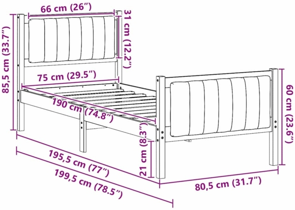 vidaXL Bettgestell Braun und Taupe 75 x 190 cm Massivholz Kiefer 878512 Bild 10