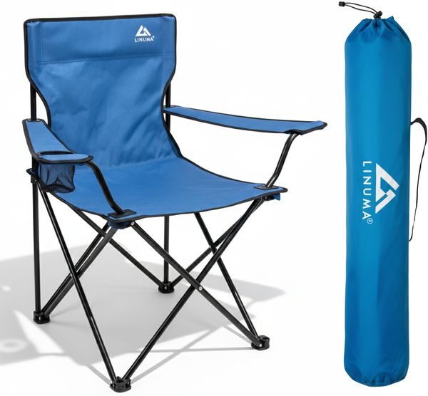 LINUMA® Faltstuhl BLAU Campingstuhl Anglerstuhl mit Getränkehalter & Tragetasche
