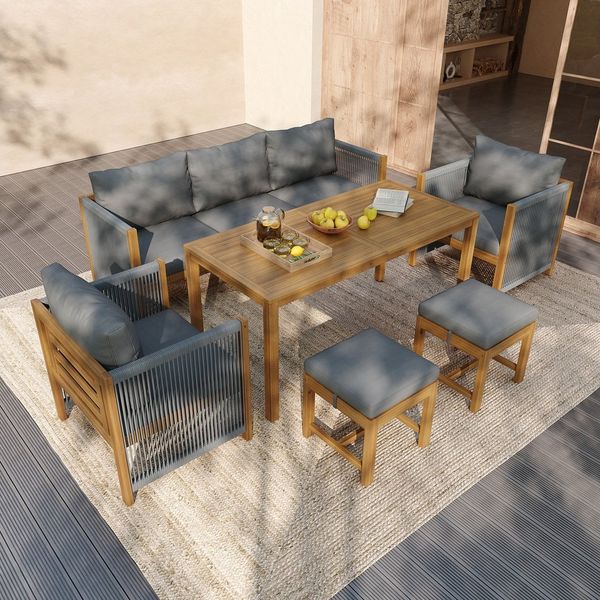 OKWISH Gartenlounge-Set Garten-Lounge-Set, (Outdoor-Sofa-Set, Garten-Esstisch-Set, 6-tlg, 3er-Sofa, 2 Einzelsofas, 2 Hocker, Esstisch), mit Bequemes Sitzkissen, Akazien-Tischplatte