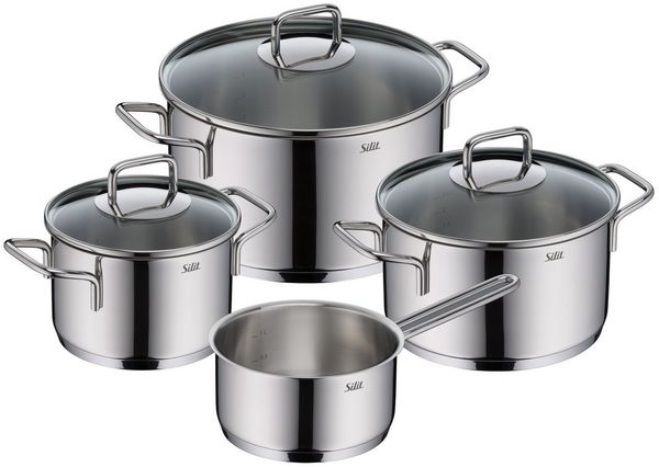 Silit Topf-Set Extra Cook Induktion, Kochgeschirr-Set mit Glasdeckel, Innenskalierung, Edelstahl 18/10 (Set, 7-tlg, 3x Kochtöpfe 16/20/24 cm mit Deckel, 1x Stielkasserolle 16 cm), SiliTherm Universalboden, breiter Schüttrand, spülmaschinengeeignet