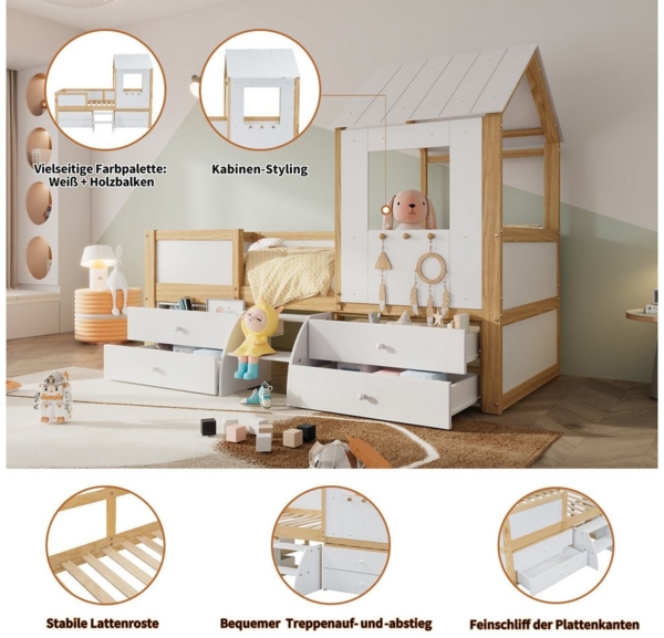 Flieks Hochbett Kinderbett Hausbett 90x200cm mit 4 Schubladen und kleine Treppe Bild 3