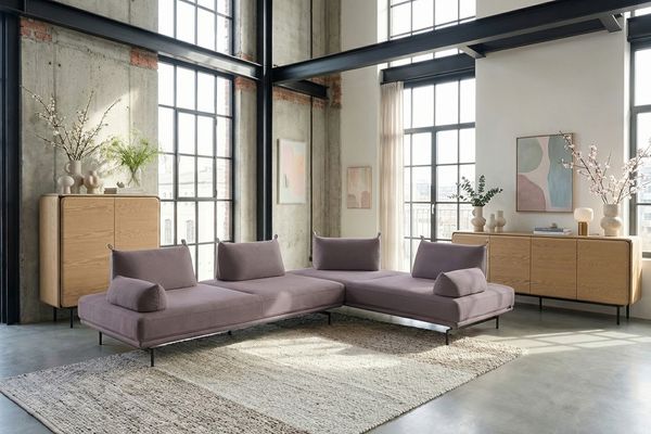KAWOLA Ecksofa CANE Schlafsofa Daybed mit 2 Armlehnkissen Stoff lila 80 x 210 x 310 cm