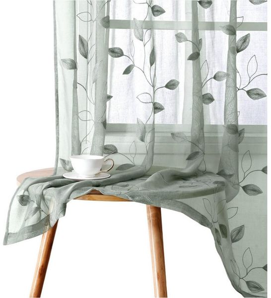 Agger Vorhang Leinen Voile Vorhänge, halbtransparente Blumenvorhänge, Blätter-Stickerei Vorhänge, geeignet für Schlafzimmer und Wohnzimmer