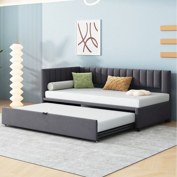 STILVORA Schlafsofa 90/180×200 Schlafsofa mit obere Matratze,Polsterbett mit Ausziehbett, Multifunktionales L-förmiges Kinderbett mit Ausziehbett, platzsparend für Kinder- & Gästezimmer, luxuriöser Samtstoff, mit Matratze
