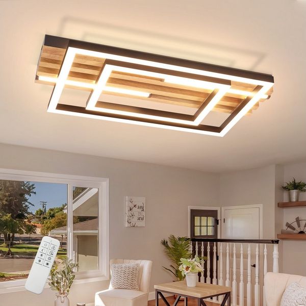 ZMH LED Deckenleuchte Dimmbar Holz Deckenlampe: 2/3-Ringen Wohnzimmerlampe, LED fest integriert, 3000-6500K, Schwarz Deckenbeleuchtung mit Fernbedienung Design