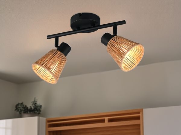 LED Deckenstrahler 2-flammig mit Lampenschirmen aus Papiergarn, B: 40,5cm
