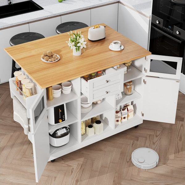 i@home Küchenwagen Kücheninsel, Esszimmerwagen, mit verstellbare Ablagen, klappbar, weiß /schwarz