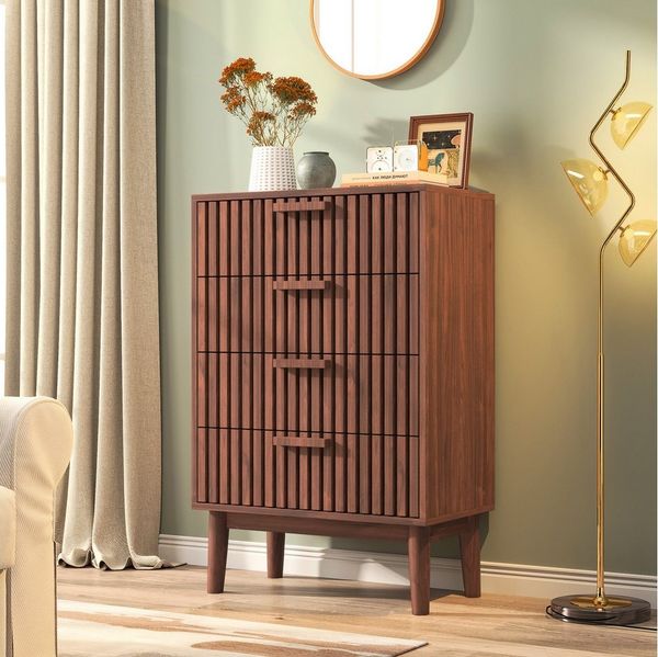 FUROKOY Kommode Sideboard Holz Küchenschrank für Wohnzimmer Schlafzimmer, Buffetschrank mit 4 Schubladen,Walnussholzfarbe