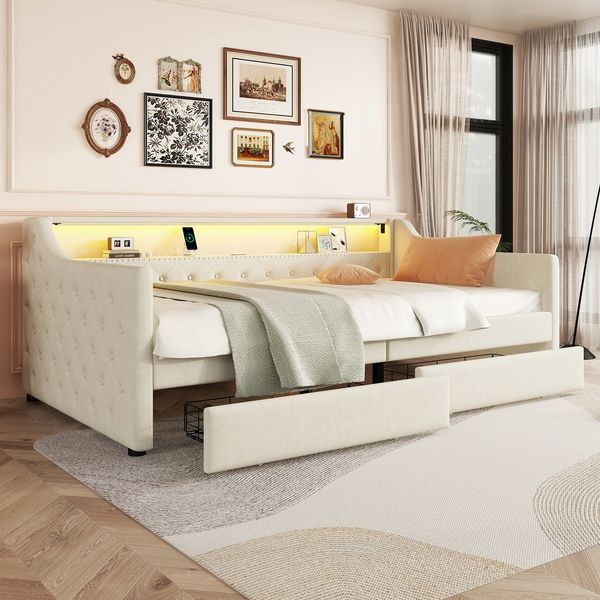 LVHOM Tagesbett 90x200cm mit LED&USB, Daybett mit 2 Schubladen, Schlafsofa mit Stauraum, Einzelbett Polsterbett Jugendbett Kinderbett, Beige