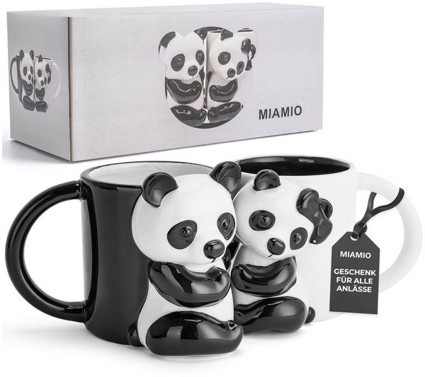 MiaMio Tasse Panda 3D-Motiv, 400 ml, Schwarz-Weiß, 2-tlg, Keramik, 3D-Panda-Motiv, 400 ml, schwarz-weiß