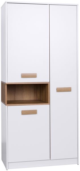 Marmex Möbel Grant 01 Dreitüriger Kleiderschrank mit Kleiderstange, laminierte Spanplatte, weiß+riviera Eiche, 88x195x54 cm