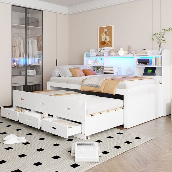 Bett 90x200 cm mit Ausziehfunktion, LED-Fernbedienung und Stauraum – Weiß