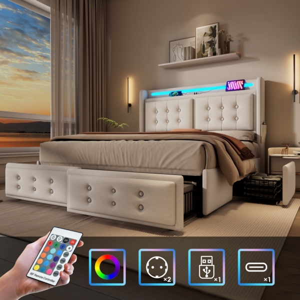 Polsterbett 160x200 cm mit 4 Schubladen, LED-Beleuchtung, USB/Type-C Ladeanschluss, Baumwoll-Leinen,Beige