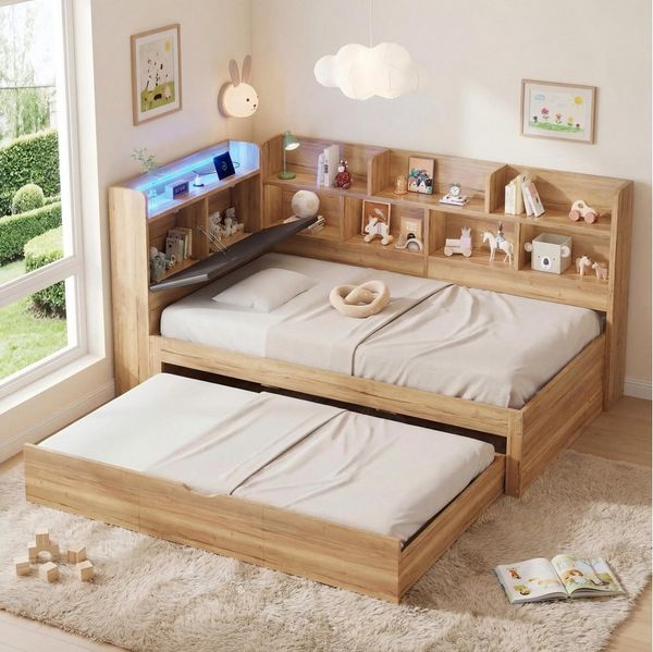 Flieks Holzbett, Kinderbett 90x200cm mit Ausziehbett 90x190cm LED-Beleuchtung Aufladen