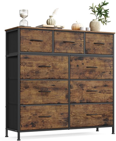 SONGMICS Kommode, Schrank, 9 Stoffschubladen, Aufbewahrungsschrank, Stahl, MDF, Vliesstoff, für Schlafzimmer, Flur, Wohnzimmer, vintagebraun-tintenschwarz LGS324BH04
