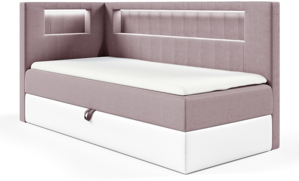 MEBLINI Kinderbett mit Bettkasten GARETH 3 90x200 Links – H3/Lila Samt Gepolstert Einzelbett mit Matratze - Polsterbett mit Stauraum - Bett mit Kopfteil – Stauraumbett