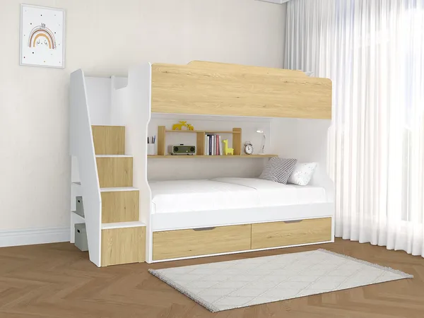 Vente-unique - YALOVA Bett Holz, Platte BeigeWeiß - B 99,5 cm x H 159 cm x L 235,1 cm
