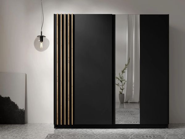 AX LIVING Kleiderschrank schwarz mit Spiegel 202 cm – Beralto Artisan Lamellen