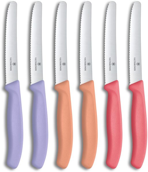 Victorinox Swiss Classic, Frühstücksmesser, Brötchenmesser Set, 6teilig, Scharfe Klinge, Wellenschliff, 11cm, Rostfreier Stahl, Violett, Orange und Pink