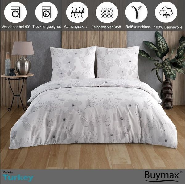 Buymax Bettwäsche Larissa, Renforce: 100% Baumwolle, 2 teilig, 135x200 cm mit Reißverschluss Bettbezug-Set geblümt Blumen, Weiß Grau