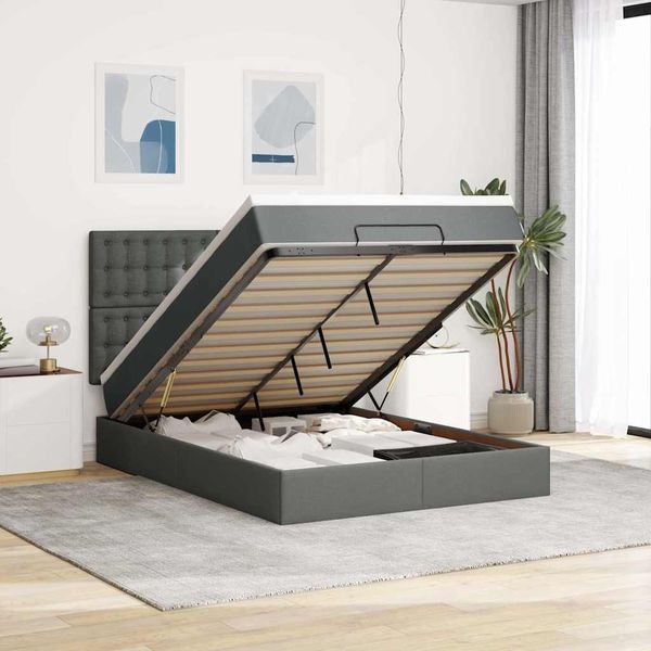 vidaXL Ottoman-Bett mit Matratze & LEDs Dunkelgrau 140x200 cm Stoff 3314177