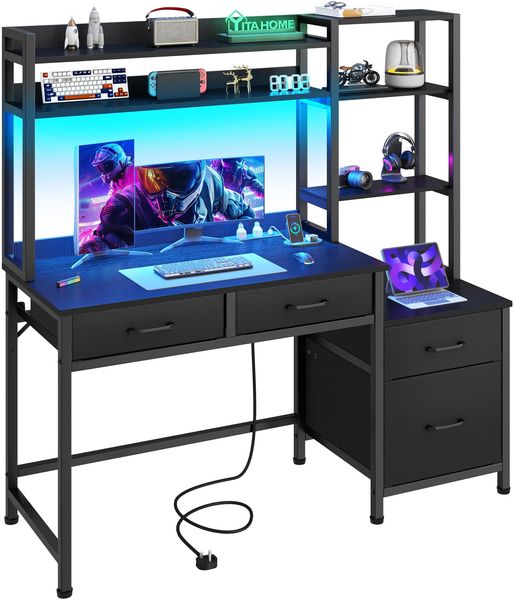 YITAHOME Computer Schreibtisch mit Schubladen, Home Office Ecke Computer Tisch Aufbewahrungen & Regale, Gaming Schreibtisch Arbeitsstationen mit LED Licht & Steckdosen, Eck Schreibtisch, Schwarz