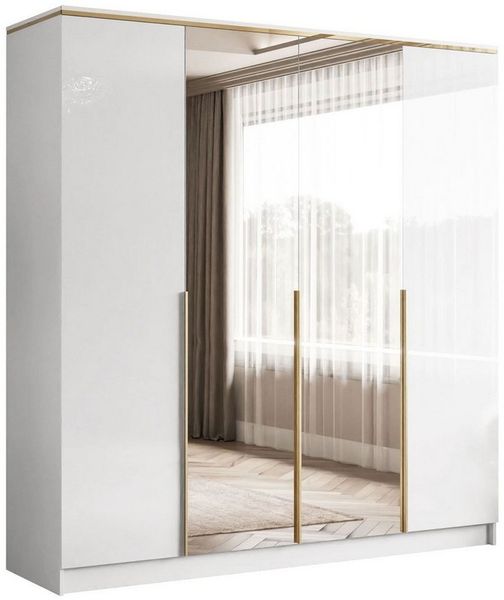 Lookway Kleiderschrank AURORA 4D in Hochglanz Weiß Drehtürenschrank mit Spiegel