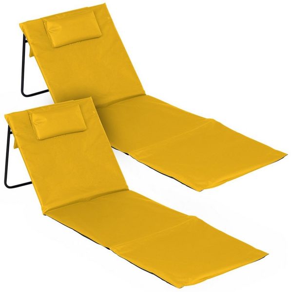 Spetebo Strandmatte 2er Set klappbar mit Verstellbarer Lehne - gelb - Liegematte faltbar 145x48 cm mit Kopfkissen - Gartenliege Strandliege Sonnenmatte für Garten Camping Picknick Reise Urlaub