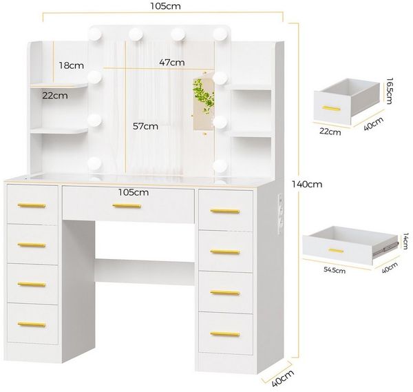 BEWISHOME Schminktisch mit Spiegel und Ladestation, 9 Schubladen, transparente Glasplatte (1-St), verstellbare LED-Beleuchtung, 2 Steckdosen + 2 USB-Anschlüssen Bild 2