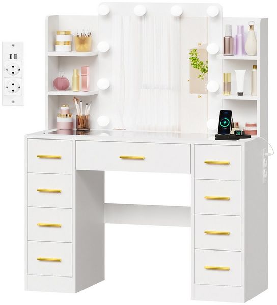 BEWISHOME Schminktisch mit Spiegel und Ladestation, 9 Schubladen, transparente Glasplatte (1-St), verstellbare LED-Beleuchtung, 2 Steckdosen + 2 USB-Anschlüssen