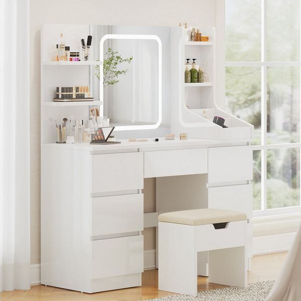 Furnicopia Schminktisch Einstellbare Helligkeit mit 7 Schubladen und 8 offenen Ablagefächern (Größe: 110 x 40 x 139 cm, Integrierte LED-Leiste mit einstellbaren drei Farbtemperaturen, Optional erhältlich mit Hocker mit Stauraum-ostern geschenke)