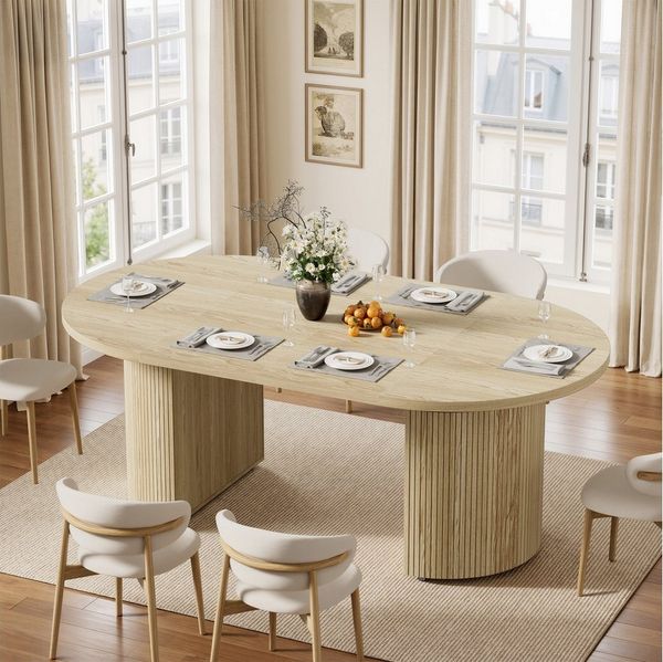 TWSOUL Esstisch Rund zu Oval ausziehbar 100–140–180 cm, 2 Einlegeplatten & Lenkrollen, 4–8 Personen, Säule in Lamellen-Optik, Modern Natur Küchentisch