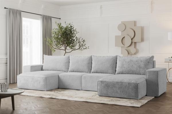 Wohnlandschaft U-Form Sofa ESTELLE in Stoff Abriamo Hellgrau