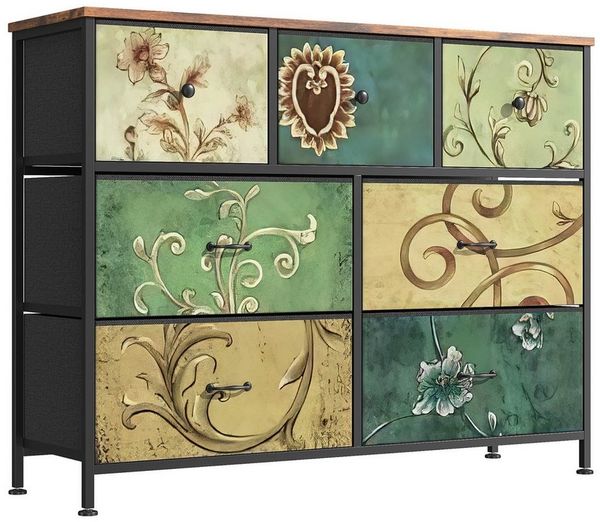 FUROKOY Kommode Stauraumschrank,Schrank Schlafzimmer,Metallrahmen,Retro Stil, Blumenmuster,7 Schubladen