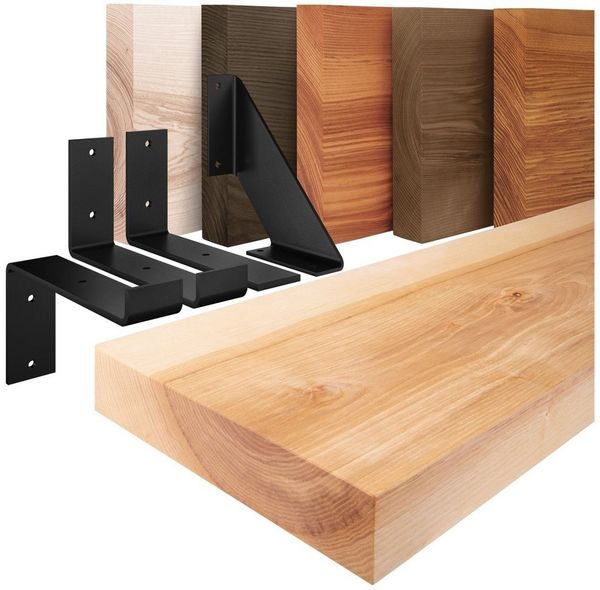 LAMO Manufaktur Wandregal Holz Gerade Regal Farbe: Natur mit schwarzem Basic Regalträger 40 cm, Komplett-Set, 40mm stake Massivholzplatte