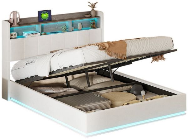 FUROKOY Stauraumbett Doppelbett Polsterbett (1-tlg, Stauraum Kopfteil mit Ladeanschluss), Hydraulikbett Funktionsbett, ohne Matratze, Samt, Beige, 140x200cm